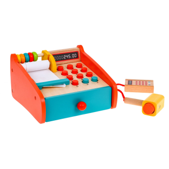 Drewniana Kasa sklepowa dla dzieci 2+ Wysuwana szuflada + Liczydło + Terminal + Czytnik + Akcesoria